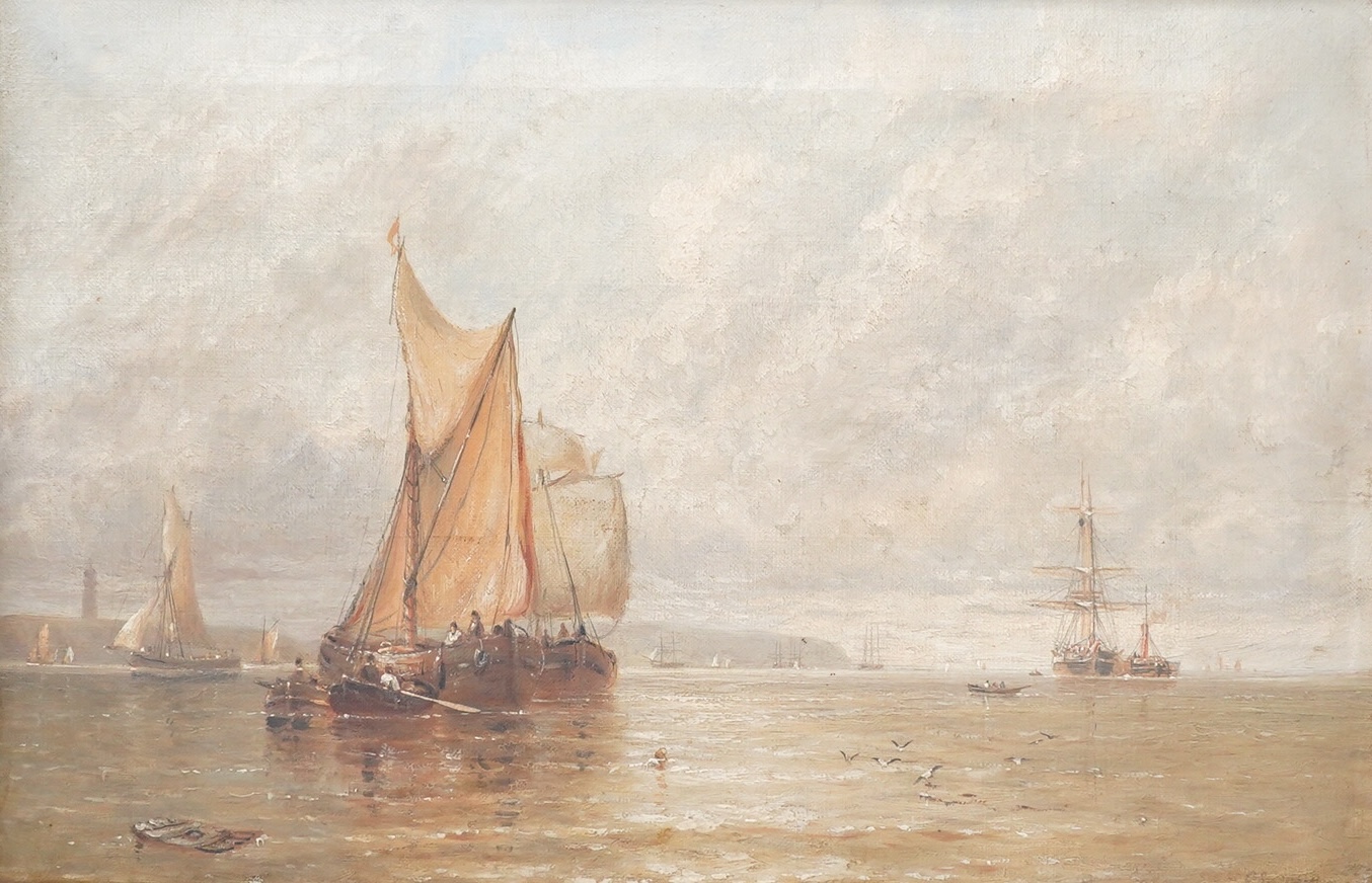 Late 19th century English School, 'Offshore boating', oil on canvas, indistinctly signed lower right, 29 x 44cm